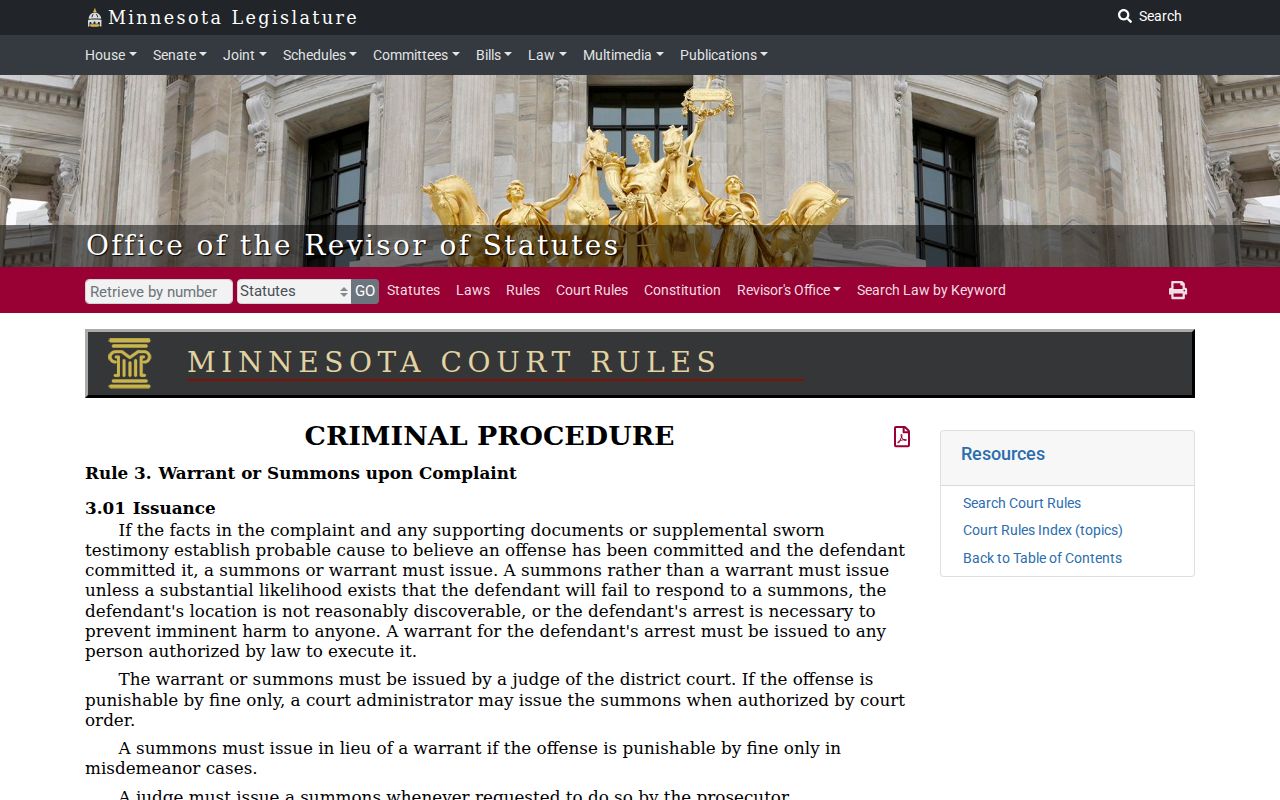 Minnesota criminal rule text on warrant issuance used for Redwood County warrant records
