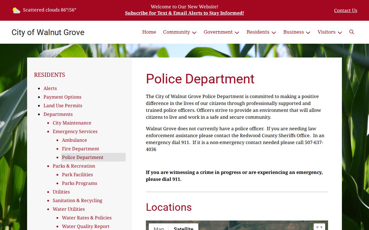 Walnut Grove police page stating no current officer and routing Redwood County warrant records calls to the Sheriff