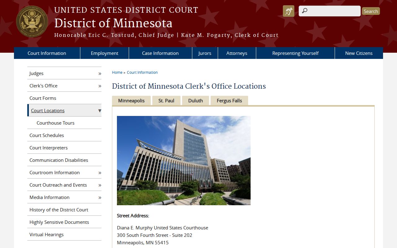 Federal court locations page for District of Minnesota cases outside Redwood County warrant records