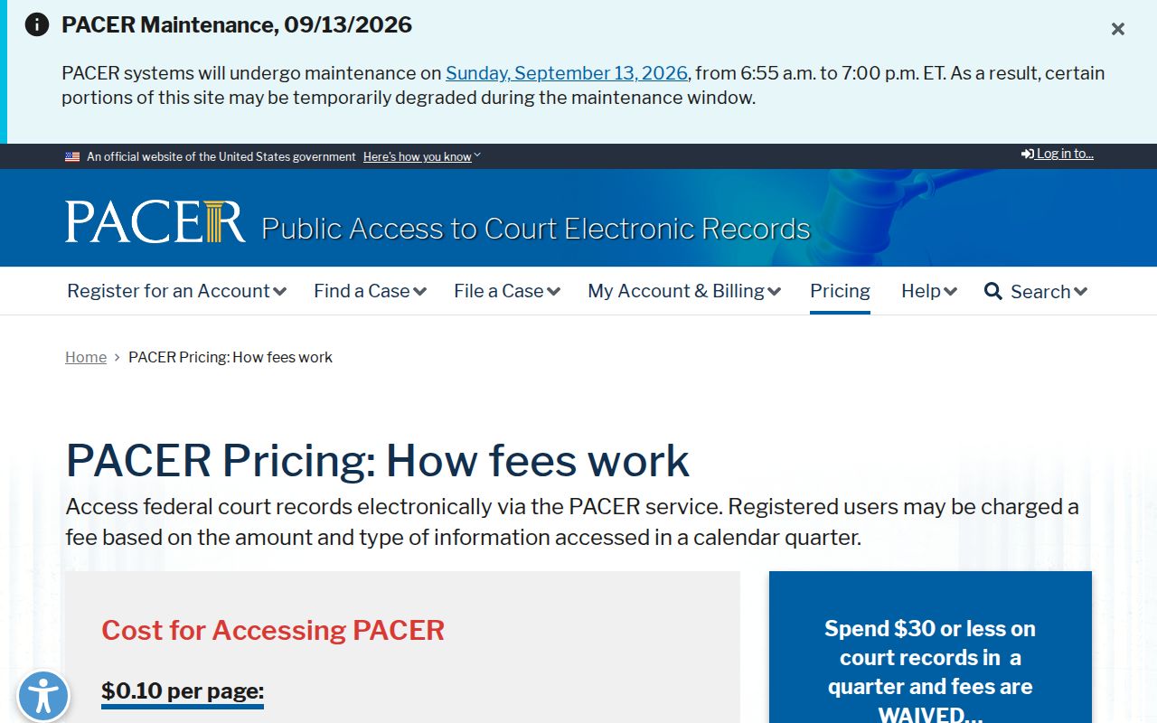 Federal PACER pricing page relevant to warrants outside Redwood County warrant records