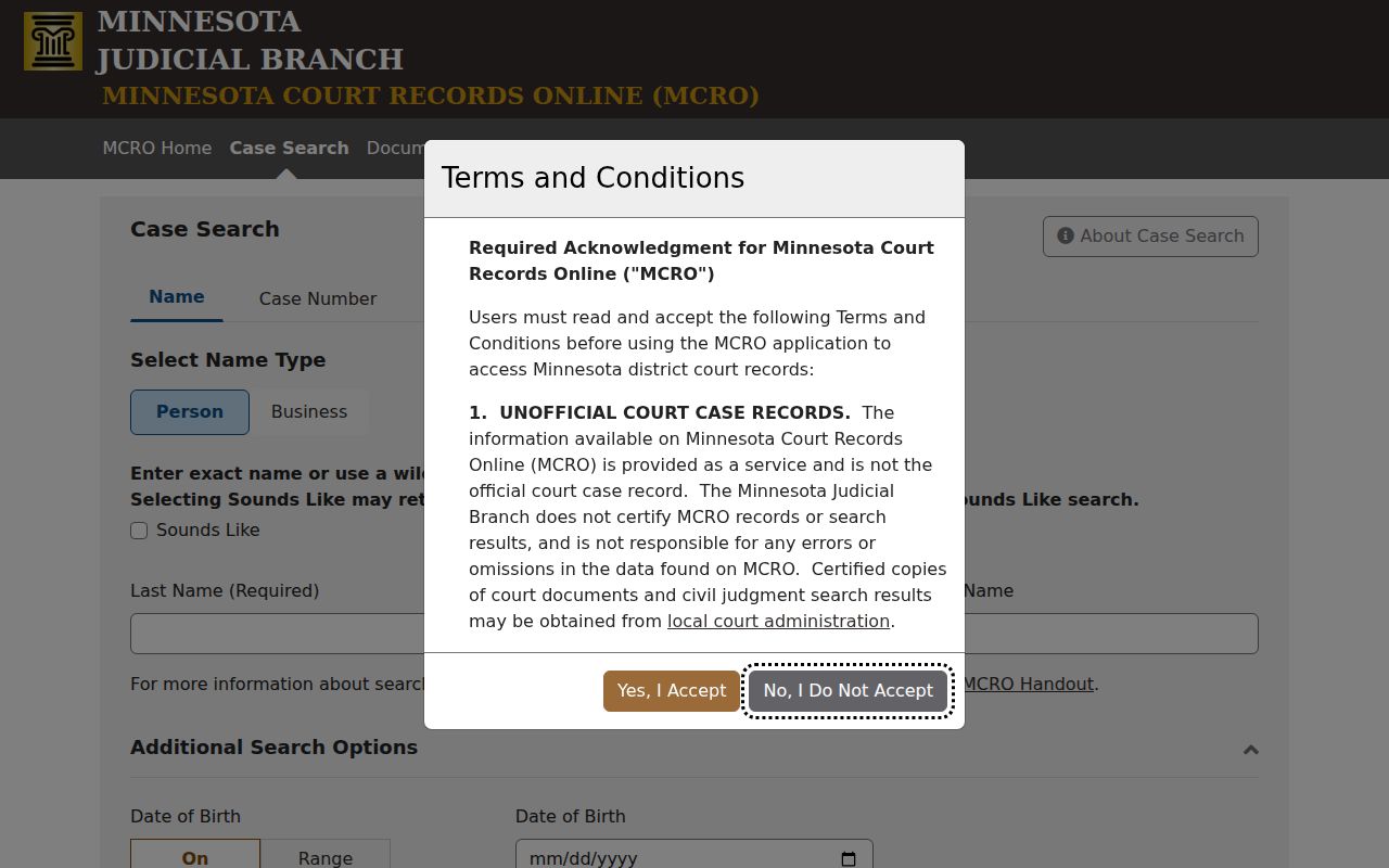 Blank Minnesota Court Records Online search screen used for Redwood County warrant records checks